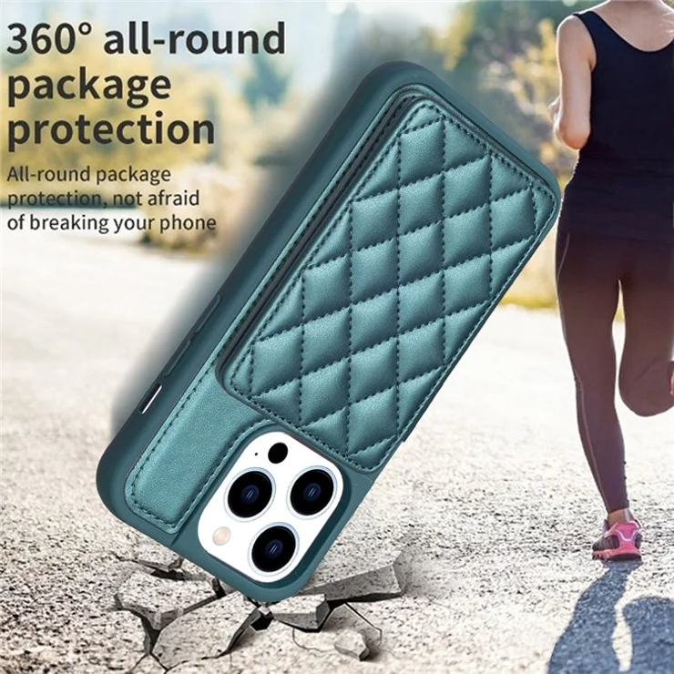 BF25 For iPhone 14 Pro Max Card Slots Shockproof Phone Case Leather Coated TPU Cover with Kickstand - Green