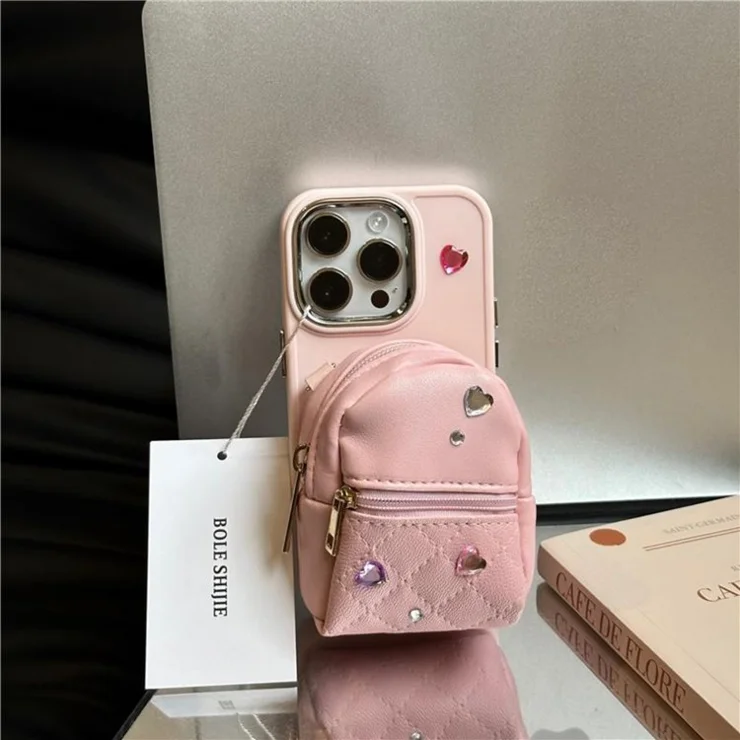 For iPhone 12 / 12 Pro 6.1 inch TPU Phone Case PU Leather Schoolbag Design Back Cover with Shoulder Strap - Pink