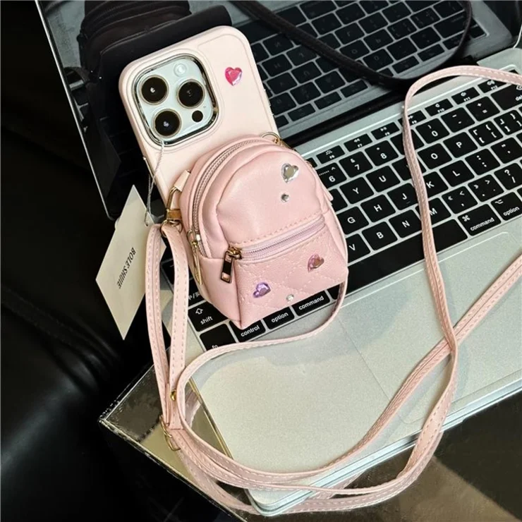 For iPhone 12 / 12 Pro 6.1 inch TPU Phone Case PU Leather Schoolbag Design Back Cover with Shoulder Strap - Pink