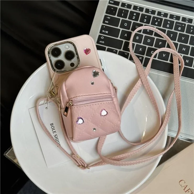 For iPhone 13 Pro 6.1 inch TPU Phone Case PU Leather Crossbody Schoolbag Protective Cover - Pink