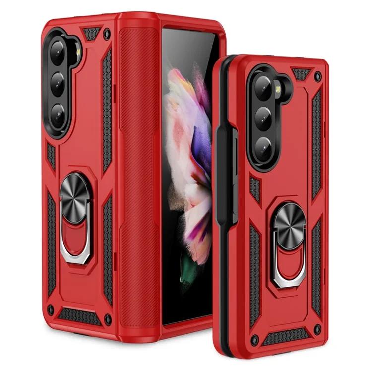TPU+PC Phone Case for Samsung Galaxy Z Fold5 5G Ring Holder Kickstand Cover with Car Mount Metal Sheet - Red