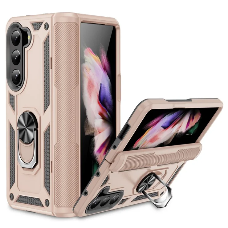 TPU+PC Phone Case for Samsung Galaxy Z Fold5 5G Ring Holder Kickstand Cover with Car Mount Metal Sheet - Apricot