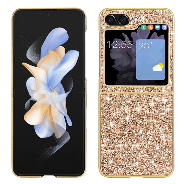 For Samsung Galaxy Z Flip5 5G Glitter Sequins Bling Case TPU Frame Back PC Electroplating Phone Cover - Gold
