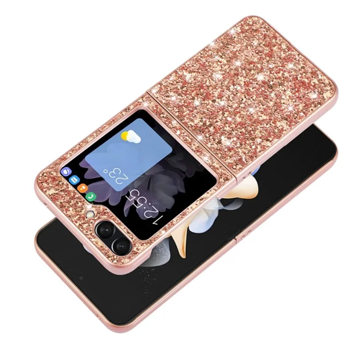 For Samsung Galaxy Z Flip5 5G Glitter Sequins Bling Case TPU Frame Back PC Electroplating Phone Cover - Gold