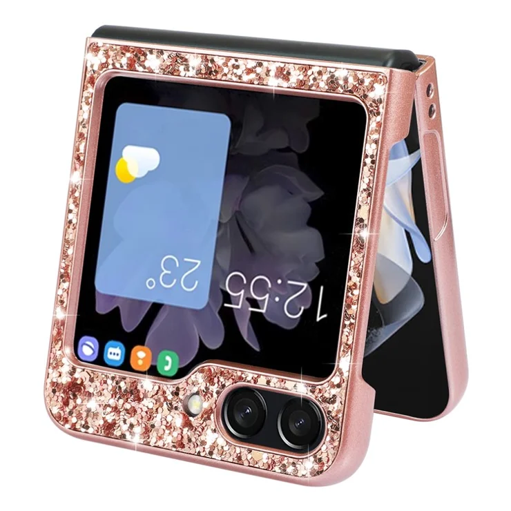 For Samsung Galaxy Z Flip5 5G Glitter Sequins Bling Case TPU Frame Back PC Electroplating Phone Cover - Gold