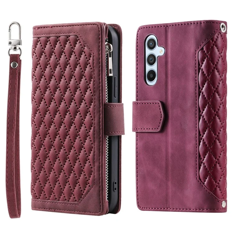 For Samsung Galaxy A25 5G (Global) (161.0 x 76.5 x 8.3mm) Rhombus Texture PU Leather Phone Case Shell Wallet Stand Cover with Hand Strap - Wine Red
