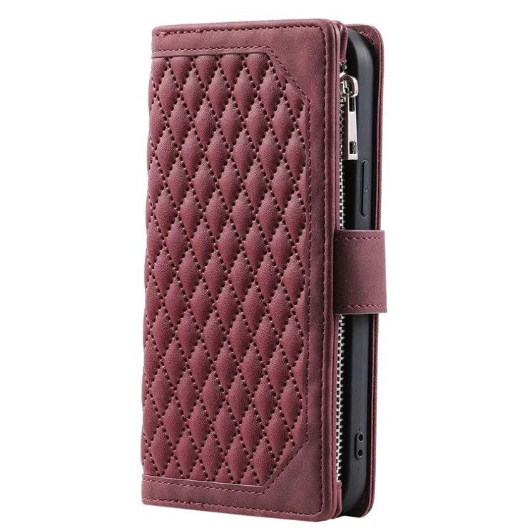 For Samsung Galaxy A25 5G (Global) (161.0 x 76.5 x 8.3mm) Rhombus Texture PU Leather Phone Case Shell Wallet Stand Cover with Hand Strap - Wine Red