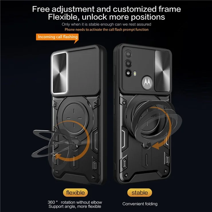 Anti-scratch Cover for Motorola Moto E20 / E30 / E40 Slide Camera Lid PC+TPU Phone Case with Ring Kickstand - Black