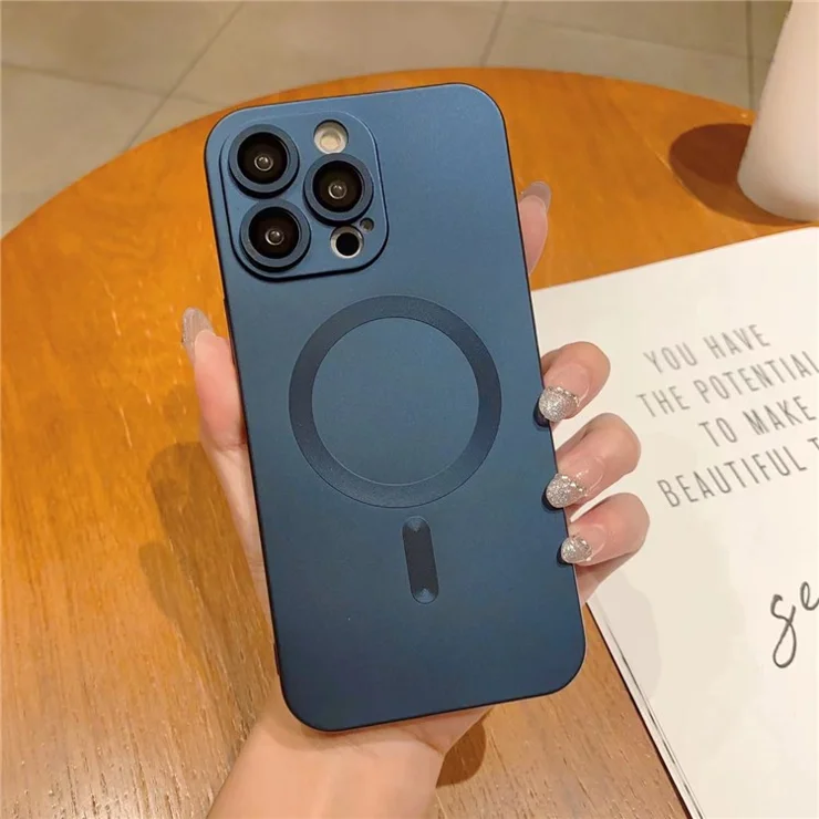 For iPhone 13 Pro 6.1 inch Rubberized TPU Anti-scratch Case Compatible with MagSafe Phone Cover with Lens Film - Dark Blue