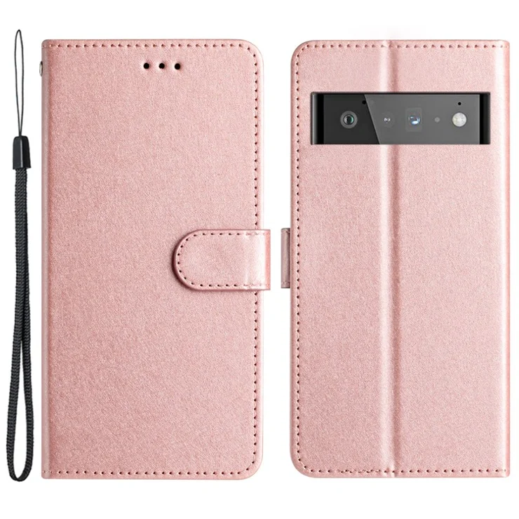 For Google Pixel 6 Pro 5G Protective PU Leather Flip Case Silk Texture Stand Wallet Phone Cover with Strap - Rose Gold