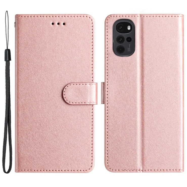 Phone Stand Cover for Motorola Moto G22 Silk Texture PU Leather Wallet Case with Hand Strap - Rose Gold
