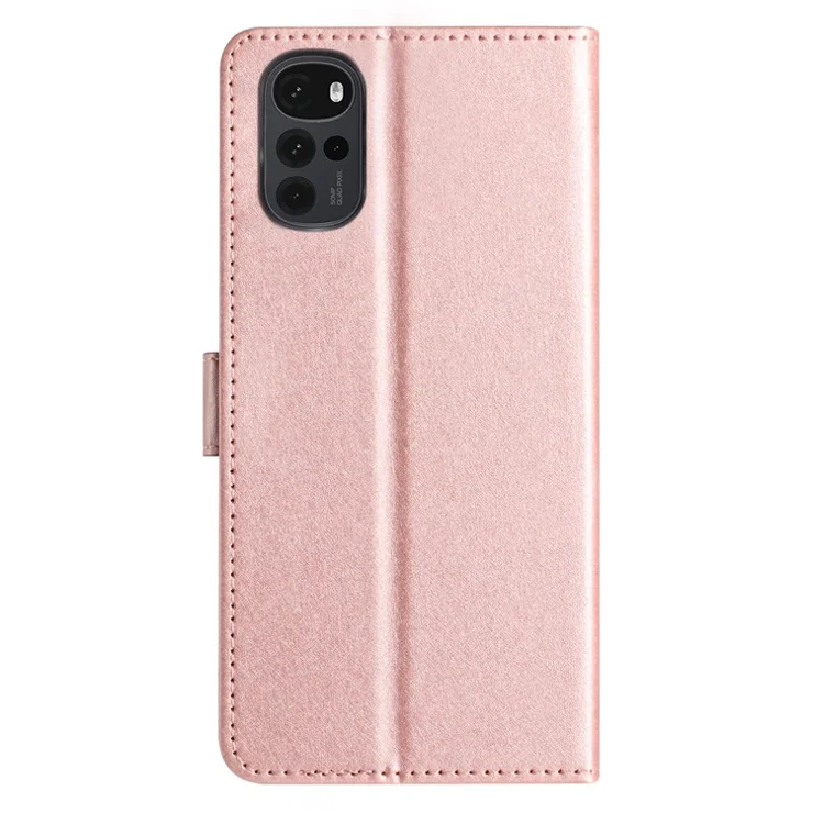 Phone Stand Cover for Motorola Moto G22 Silk Texture PU Leather Wallet Case with Hand Strap - Rose Gold