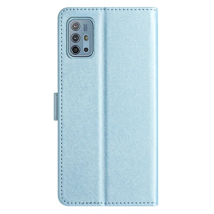 For Motorola Moto G10 / G20 / G30 TPU+PU Leather Stand Cover Wallet Hand Strap Silk Texture Flip Case - Sky Blue