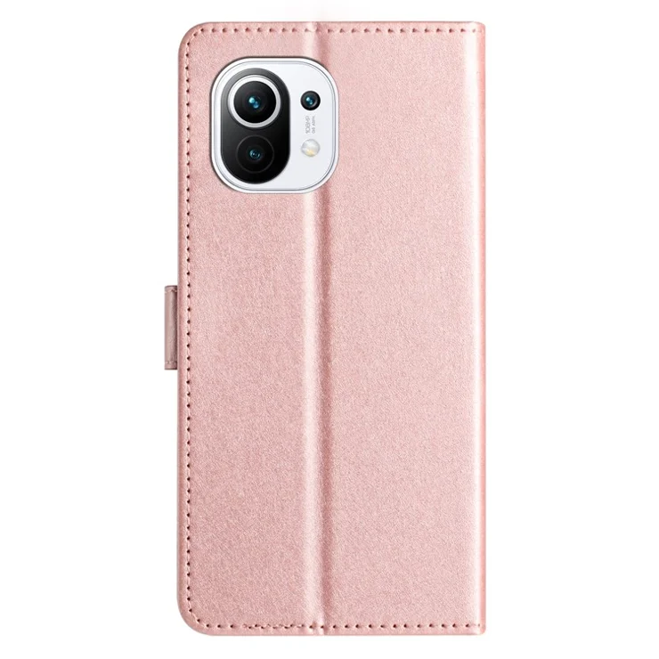 Silk Texture Stand Shell for Xiaomi Mi 11 Lite 4G / 5G / 11 Lite 5G NE Wallet Phone Case Leather Cover with Wrist Strap - Rose Gold