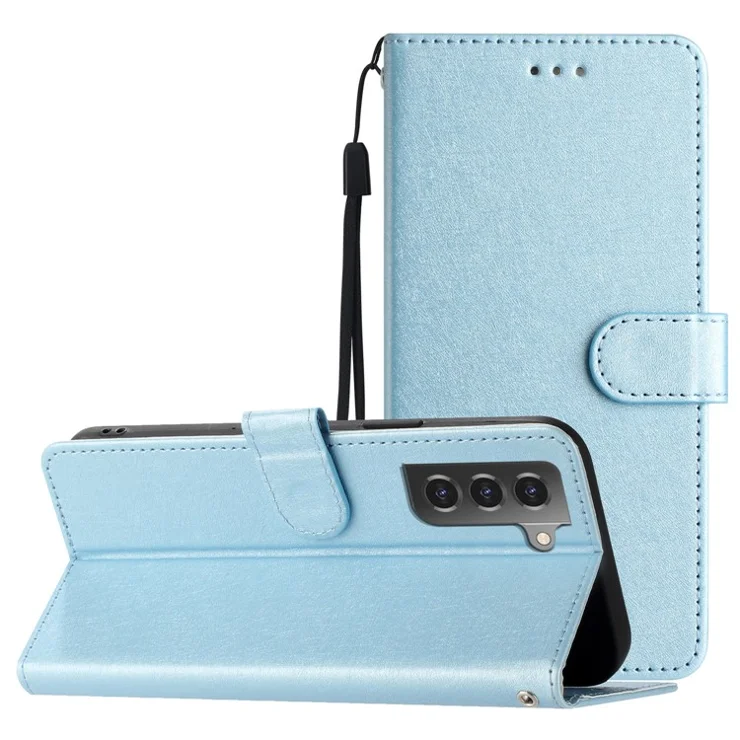 Protective Case for Samsung Galaxy S22+ 5G Silk Texture PU Leather Wallet Stand Phone Cover - Sky Blue
