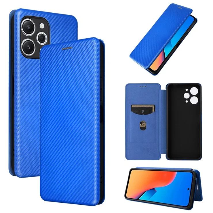 For Xiaomi Redmi 12 4G Card Holder Phone Leather Case Carbon Fiber Texture Stand Cover - Blue