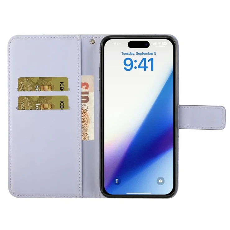 Leather Wallet Case for iPhone 15 Pro Max , Imprinted Flower Phone Stand Anti-fall Cover - Purple