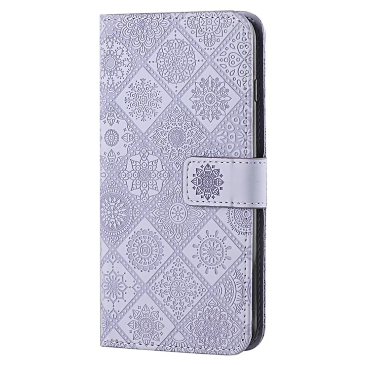 Leather Wallet Case for iPhone 15 Pro Max , Imprinted Flower Phone Stand Anti-fall Cover - Purple