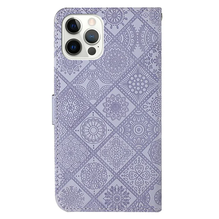 Leather Wallet Case for iPhone 15 Pro Max , Imprinted Flower Phone Stand Anti-fall Cover - Purple