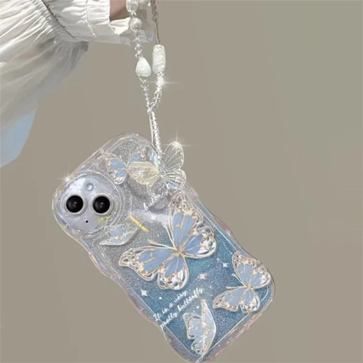 For iPhone 14 Gradient Glitter Wavy Edge Phone Case Butterfly Pattern TPU Cover with Chain - Blue
