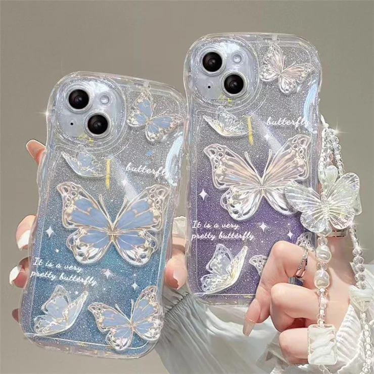 For iPhone 14 Gradient Glitter Wavy Edge Phone Case Butterfly Pattern TPU Cover with Chain - Blue