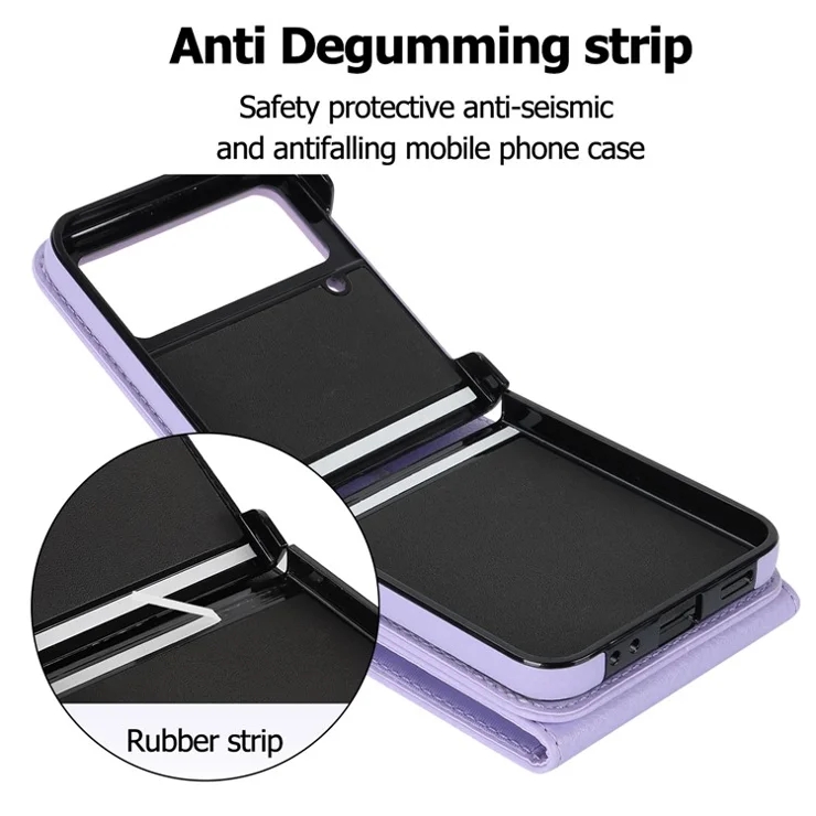 For Samsung Galaxy Z Flip3 5G Ring Kickstand Case RFID Blocking Multiple Card Slots Leather+PC Cover - Light Purple