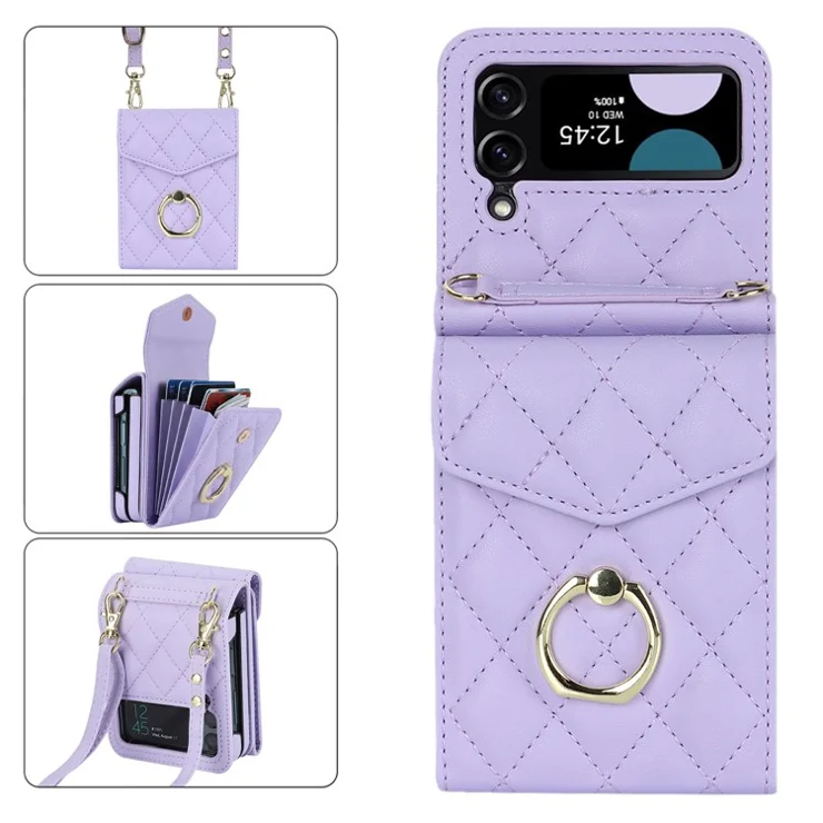 For Samsung Galaxy Z Flip4 5G RFID Blocking Multiple Card Slots Case Ring Kickstand Leather+PC Cover - Light Purple