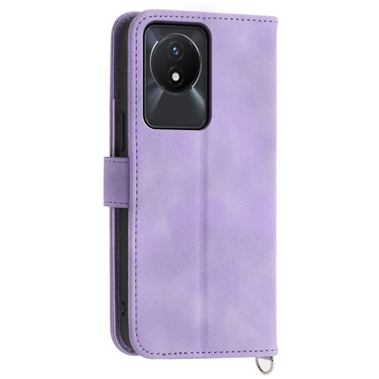 Leather Phone Case for vivo Y02A 4G , Imprinted Flower Stand Wallet Cover with Wrist Strap + Shoulder Strap - Light Purple