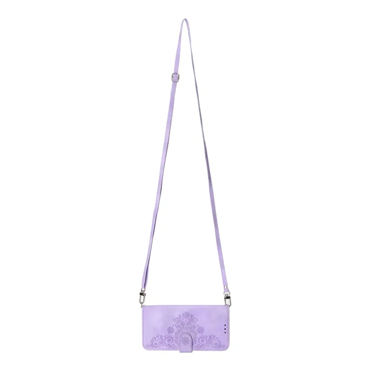 Phone Case for Xiaomi Redmi 12 4G , Imprinted Flower Stand Wallet Leather Cover with Wrist Strap + Shoulder Strap - Light Purple