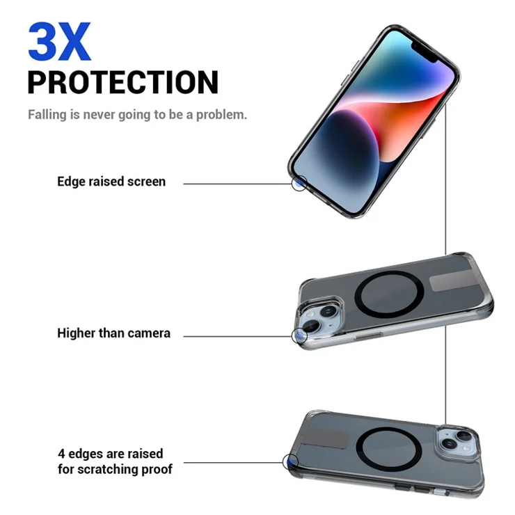 For iPhone 15 Aluminum Alloy Kickstand Cover Clear TPU+PC Phone Case Compatible with MagSafe - Transparent Grey