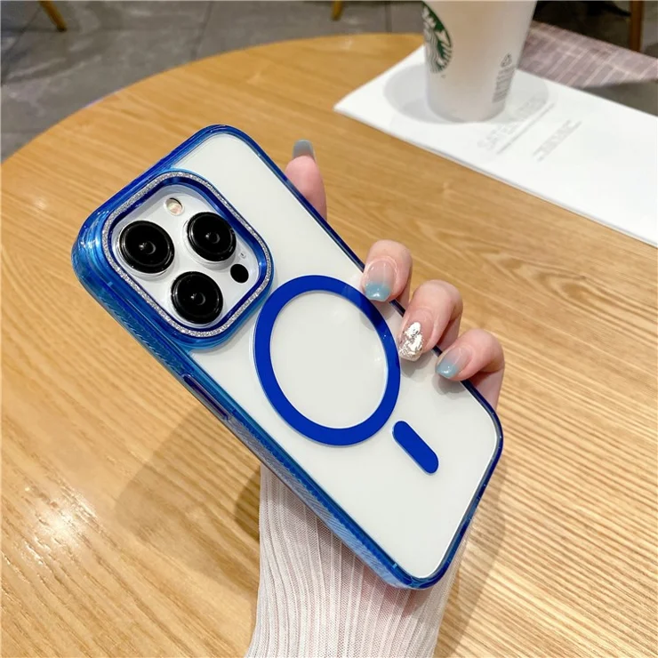 For iPhone 14 Pro Max Phone Case Compatible with MagSafe TPU+PC+Aluminum Alloy Phone Cover Glittery Powder Shell - Blue