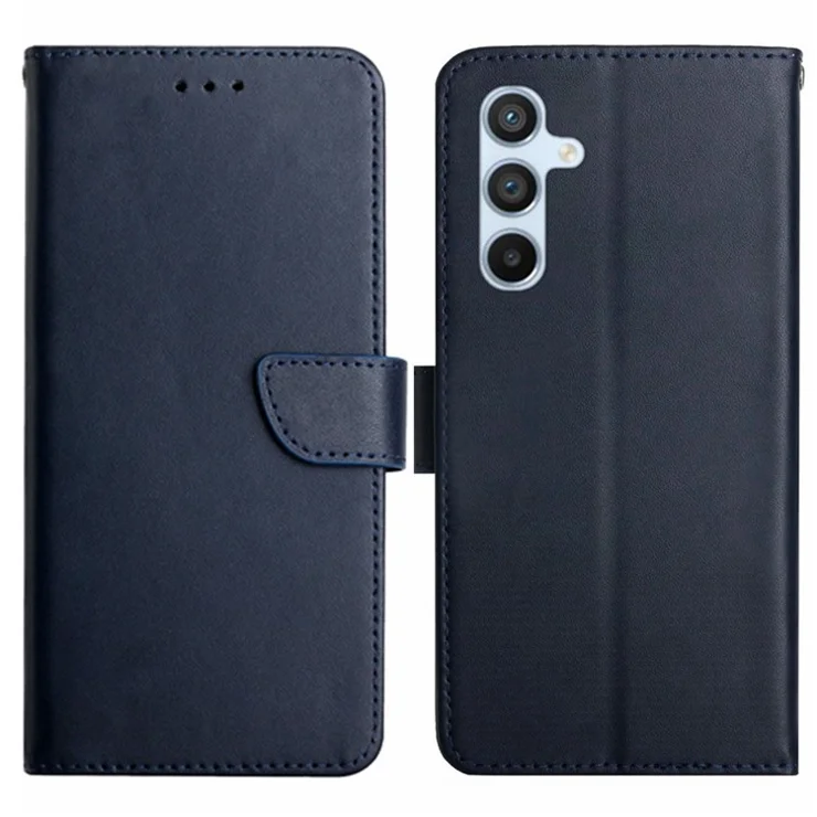 HT02 For Samsung Galaxy A25 5G (Global) (161.0 x 76.5 x 8.3mm) Nappa Texture Phone Wallet Case Genuine Cow Leather Stand Phone Cover - Blue