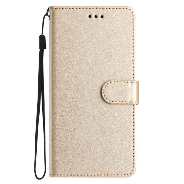 For Samsung Galaxy A70 / A70s Silk Texture PU Leather Wallet Stand Cell Phone Flip Case with Hand Strap - Gold