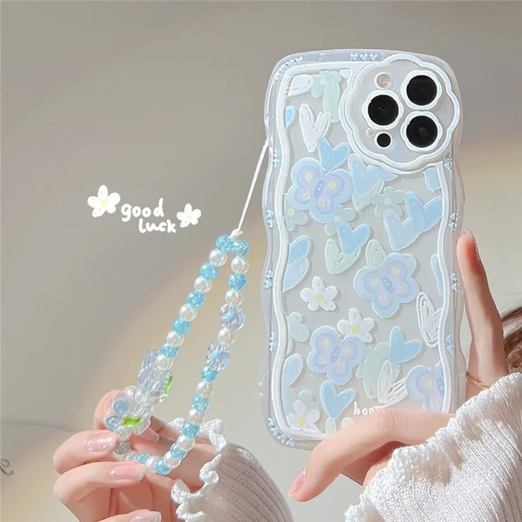 For iPhone 13 Pro Max Clear TPU Phone Case Heart Shape Butterfly Pattern Phone Cover with Bead Chain