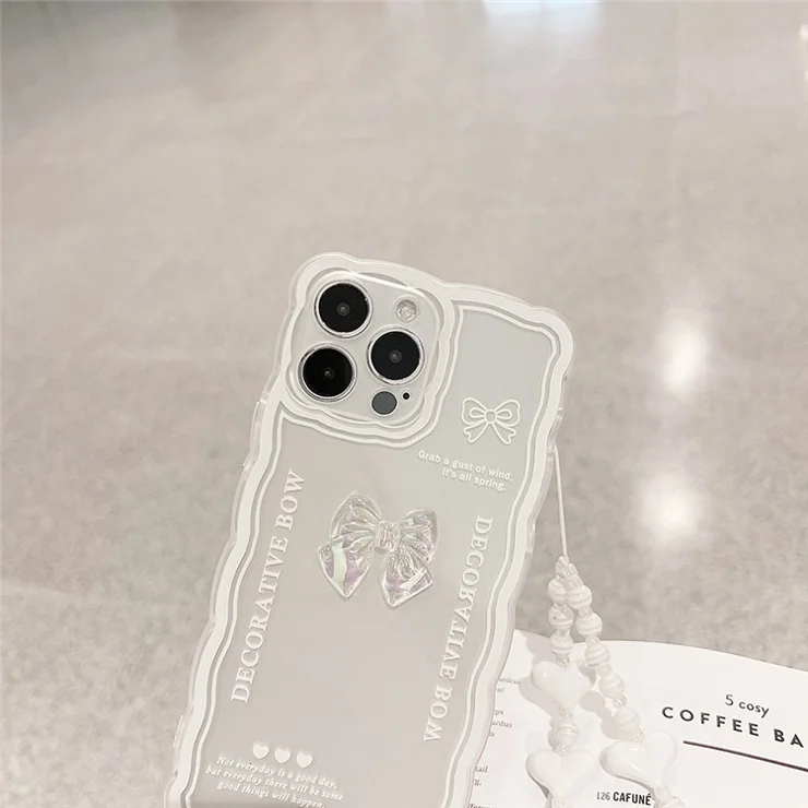 For iPhone 14 Pro Max Slim-Fit TPU Shell Clear Phone Cover Bowknot Decor Cell Phone Case with Wrist Strap