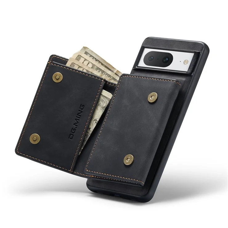 DG.MING M1 Series For Google Pixel 8 Magnetic Wallet Kickstand Phone Case Anti-drop PC+TPU+Leather Coated Back Cover - Black