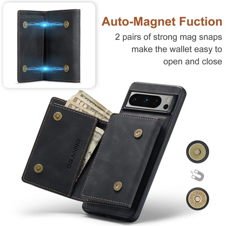 DG.MING M1 Series For Google Pixel 8 Pro Magnetic Wallet Kickstand Phone Case PC+TPU Leather Coated Shockproof Cover - Black