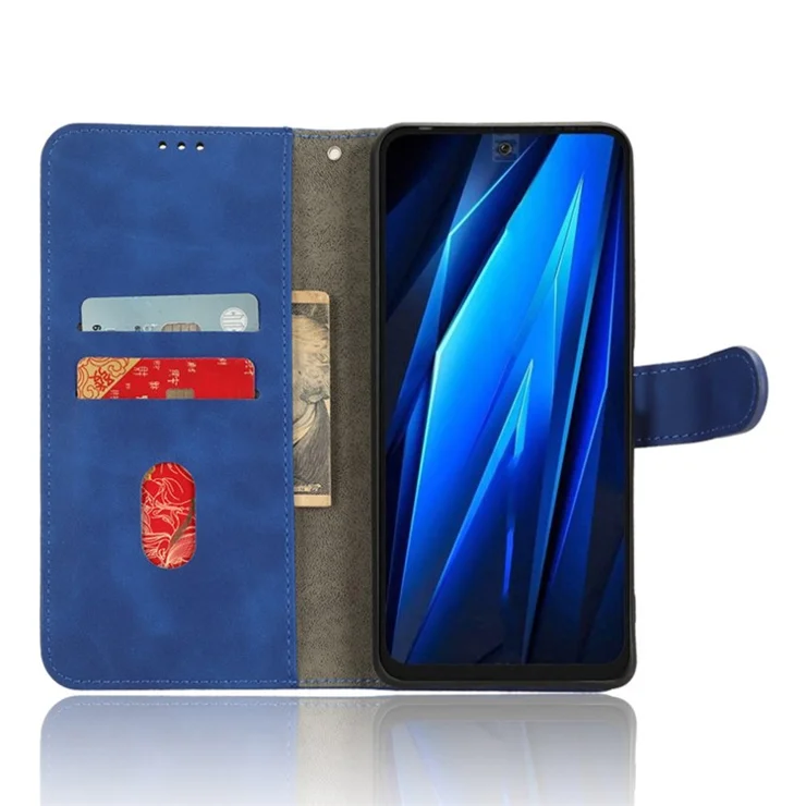For TECNO Pova 5 4G Skin-Touch Stand Phone Case PU Leather Wallet Anti-Drop Phone Cover - Blue