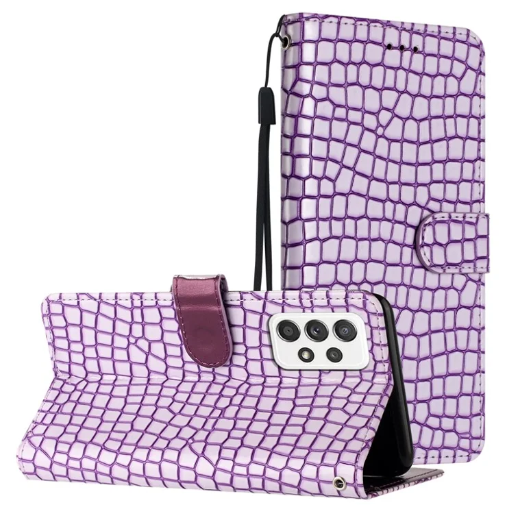 For Samsung Galaxy A73 5G Folio Flip Leather Cover Crocodile Texture Phone Case Stand Wallet with Hand Strap - Purple