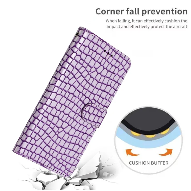 For iPhone 13 mini 5.4 inch Magnetic Clasp Crocodile Texture PU Leather Stand Phone Wallet Case with Hand Strap - Purple