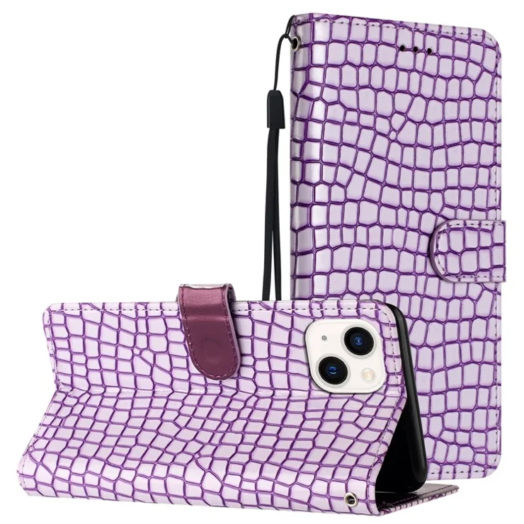 For iPhone 13 mini 5.4 inch Magnetic Clasp Crocodile Texture PU Leather Stand Phone Wallet Case with Hand Strap - Purple