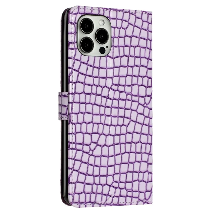 For iPhone 12 Pro Max 6.7 inch Crocodile Texture Flip Shell PU Leather Stand Phone Wallet Case with Hand Strap - Purple