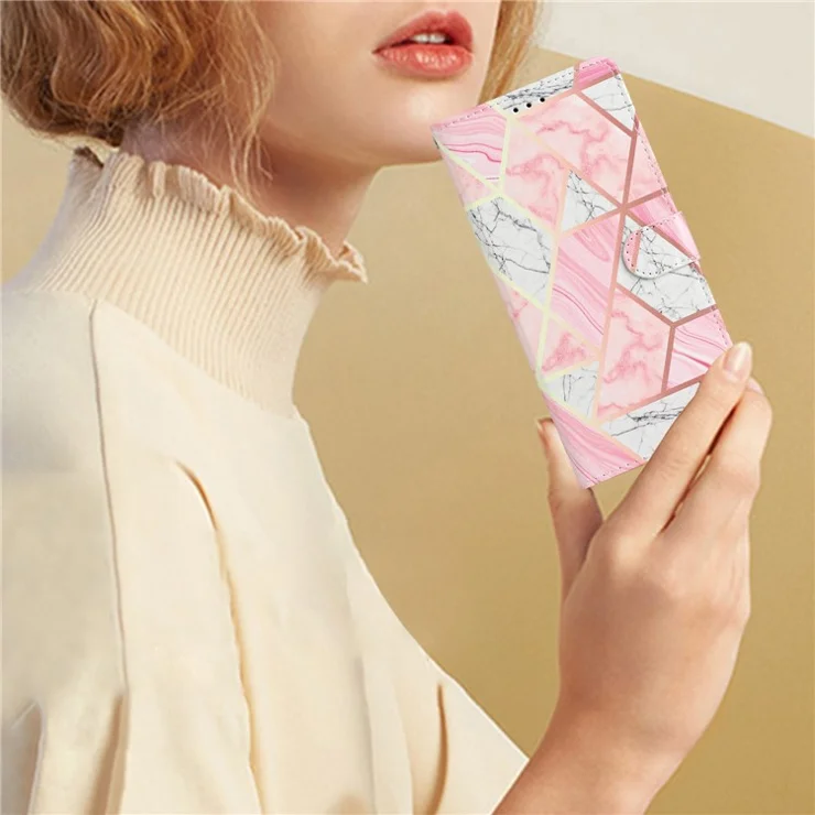 For iPhone 15 Pro Stand Phone Case Pattern Printing PU Leather Wallet Cover with Strap - Pink Marble