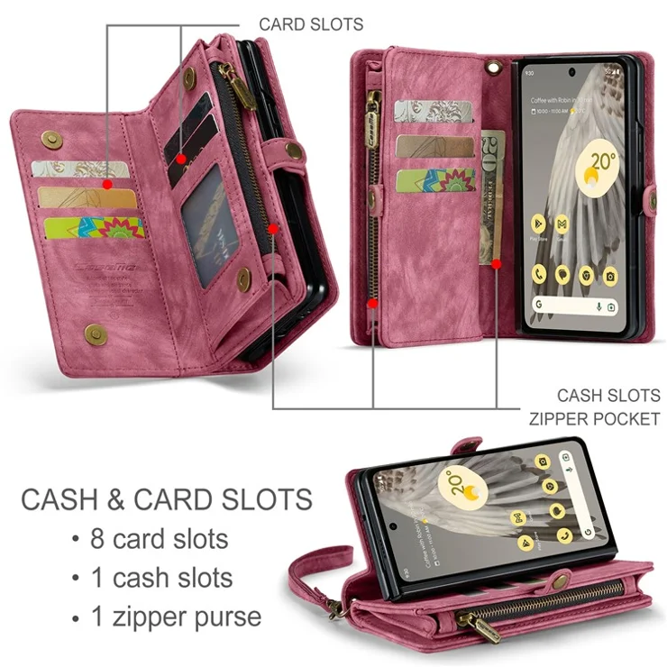 For Google Pixel Fold Phone Cases CASEME Leather Cover with Detachable Wallet and Strap - Red