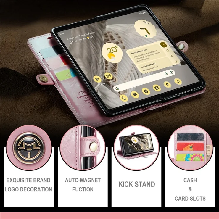 CASEME 003 Series Waxy Crazy Horse Texture PU Phone Case for Google Pixel Fold Wallet Phone Cover with Stand - Pink