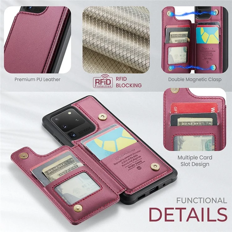 For Samsung Galaxy S20 Ultra Phone Case CASEME C22 Leather Back Cover with RFID Blocking Card Slots - Red
