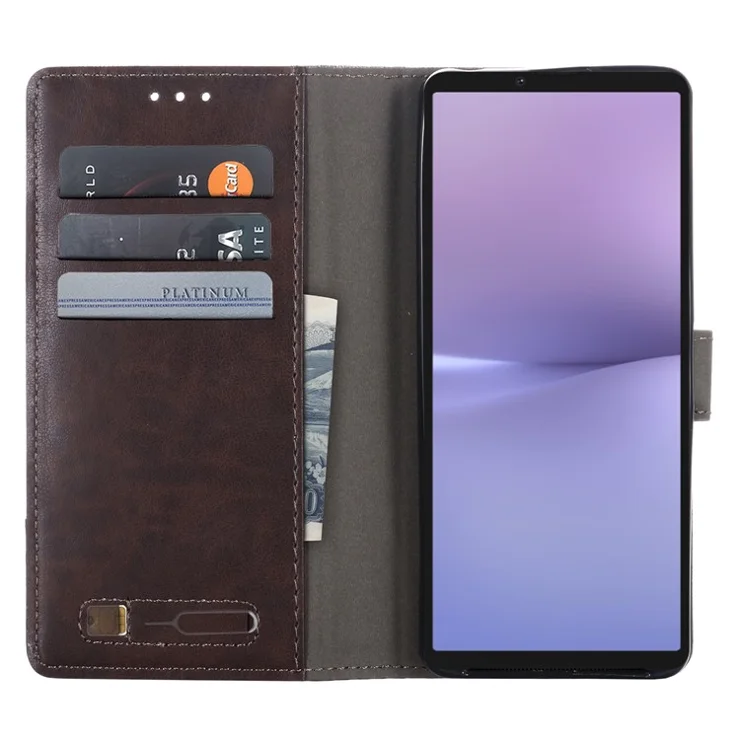 MUXMA MX102 for Sony Xperia 10 V Flip Phone Case Splicing Canvas PU Leather Wallet Stand Cover - Brown