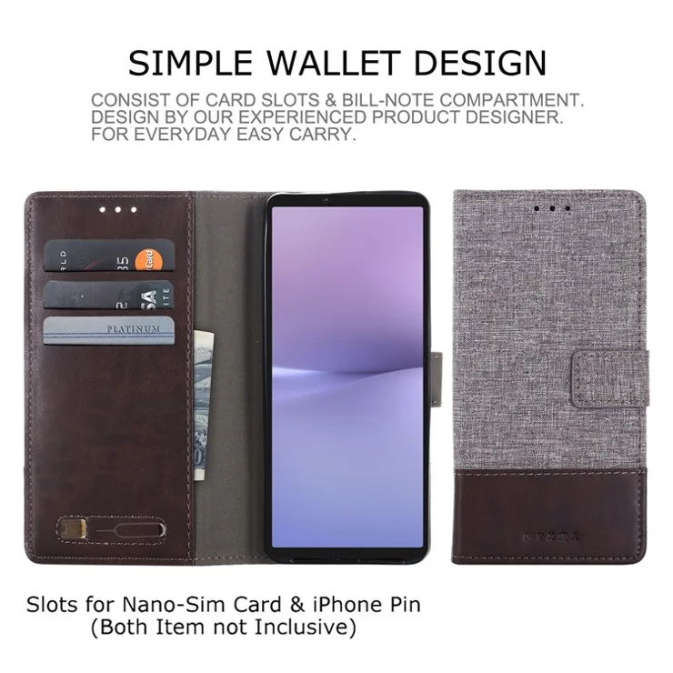 MUXMA MX102 for Sony Xperia 10 V Flip Phone Case Splicing Canvas PU Leather Wallet Stand Cover - Brown