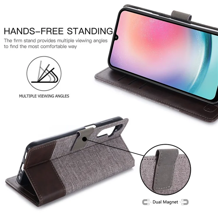 MUXMA MX102 for Samsung Galaxy A24 4G (162.1 x 77.6 x 8.3mm) Canvas PU Leather Splicing Case Stand Wallet Protective Phone Cover - Grey