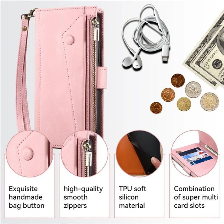 ESEBLE Star Series Leather Phone Case for iPhone 15 , Zipper Pocket Wallet RFID Blocking Phone Stand Cover - Rose Gold